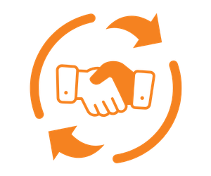 Orange icon of a handshake inside two circular arrows, representing a vehicle trade-in.
